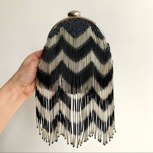 Deco Beaded Black and Silver Clutch with Kisslock Closure